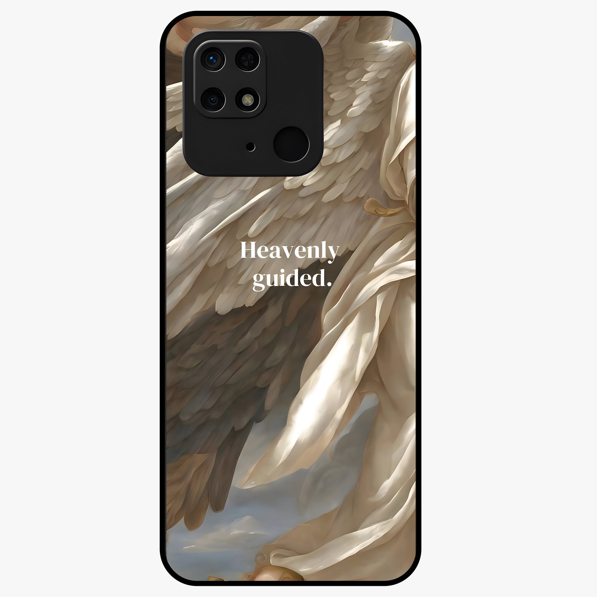 Divine Winged Grace Glass Case showing flat back view with elegant wing inspired artwork and glossy glass finish.