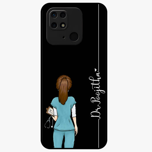 Doctor Pattern Custom Name Glass Case showing flat back view with medical themed pattern and personalized name design.
