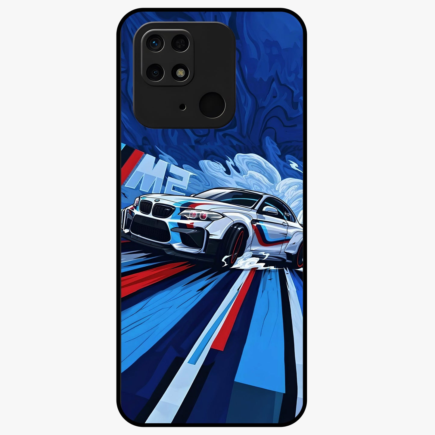 Drift Power Rush Glass Case showing flat back view with dynamic racing inspired artwork and glossy glass finish.