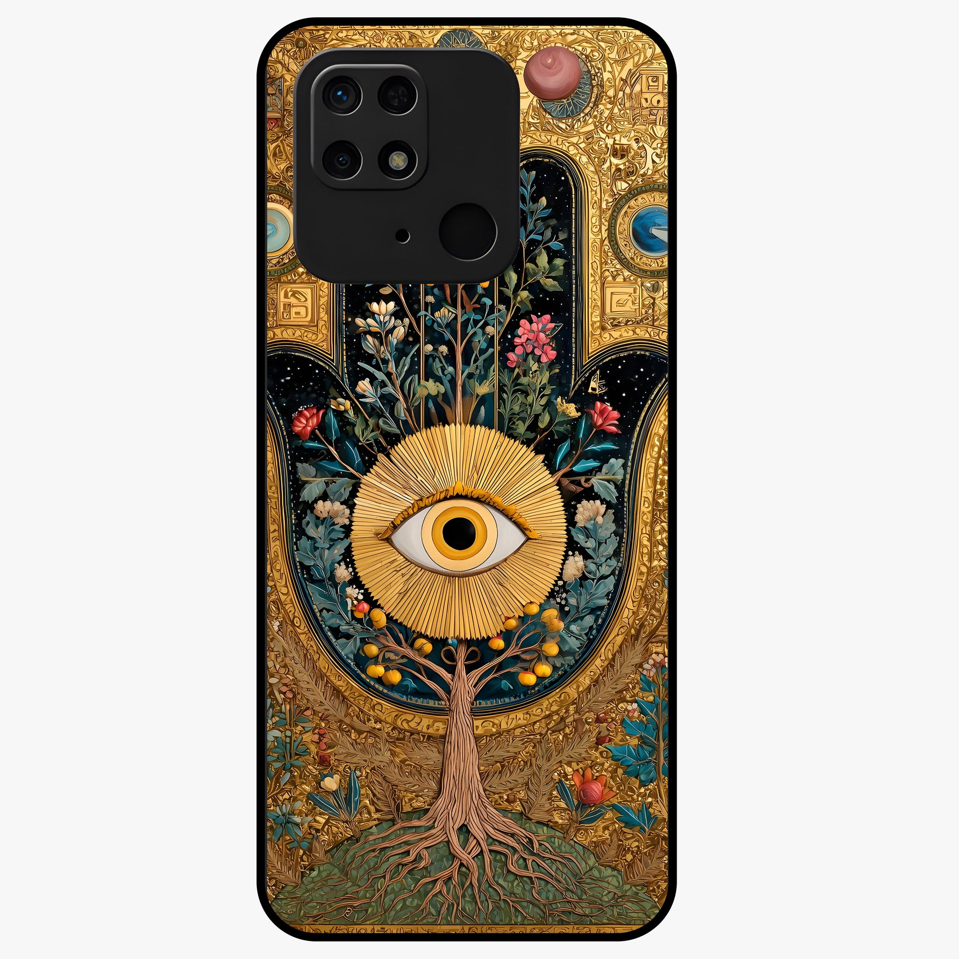 Ethereal Evil Eye Glass Case showing flat back view with mystical evil eye artwork and glossy glass finish.
