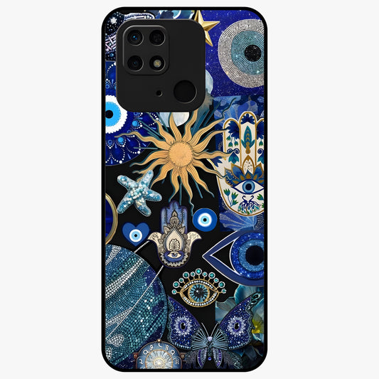 Evil Eye Charm Mix Glass Case showing flat back view with multiple evil eye charms artwork and glossy glass finish.