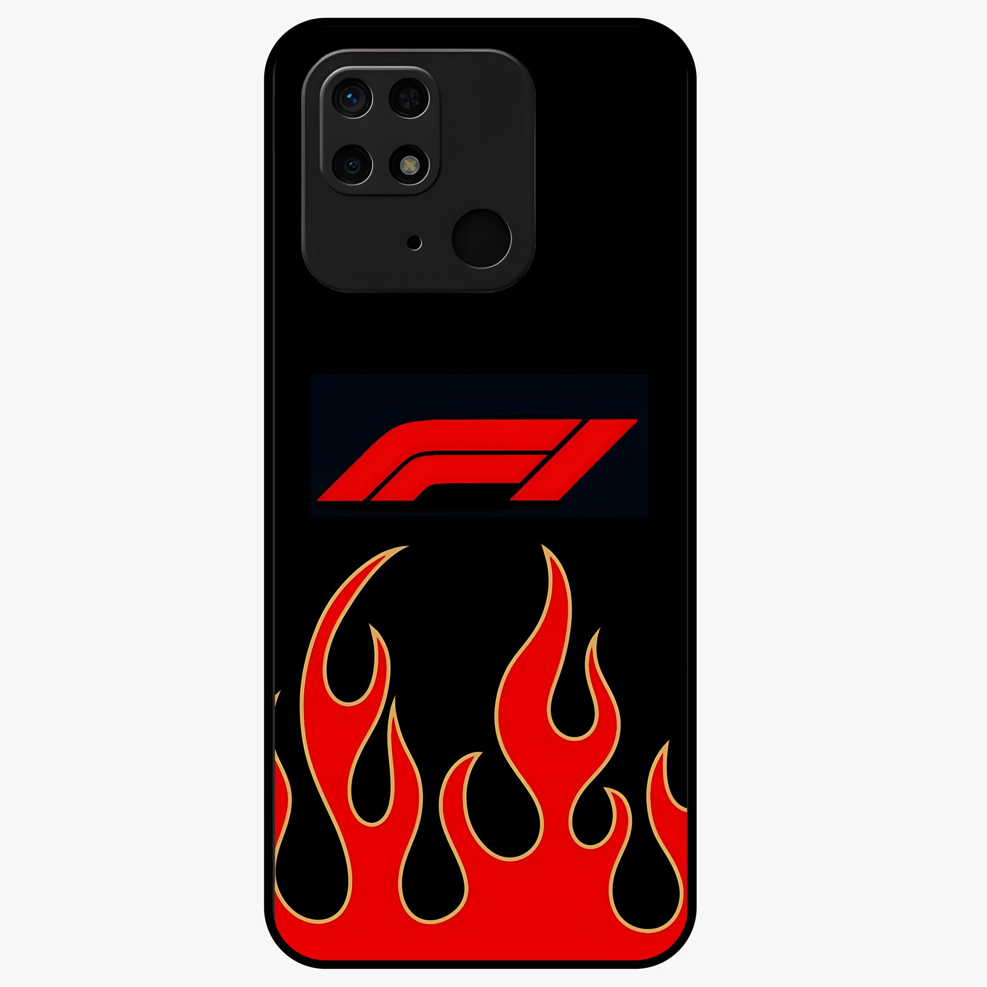 Fire F11 Glass Case showing flat back view with fiery themed artwork and glossy glass finish.