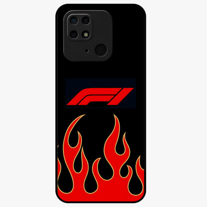 Fire F11 Glass Case showing flat back view with fiery themed artwork and glossy glass finish.