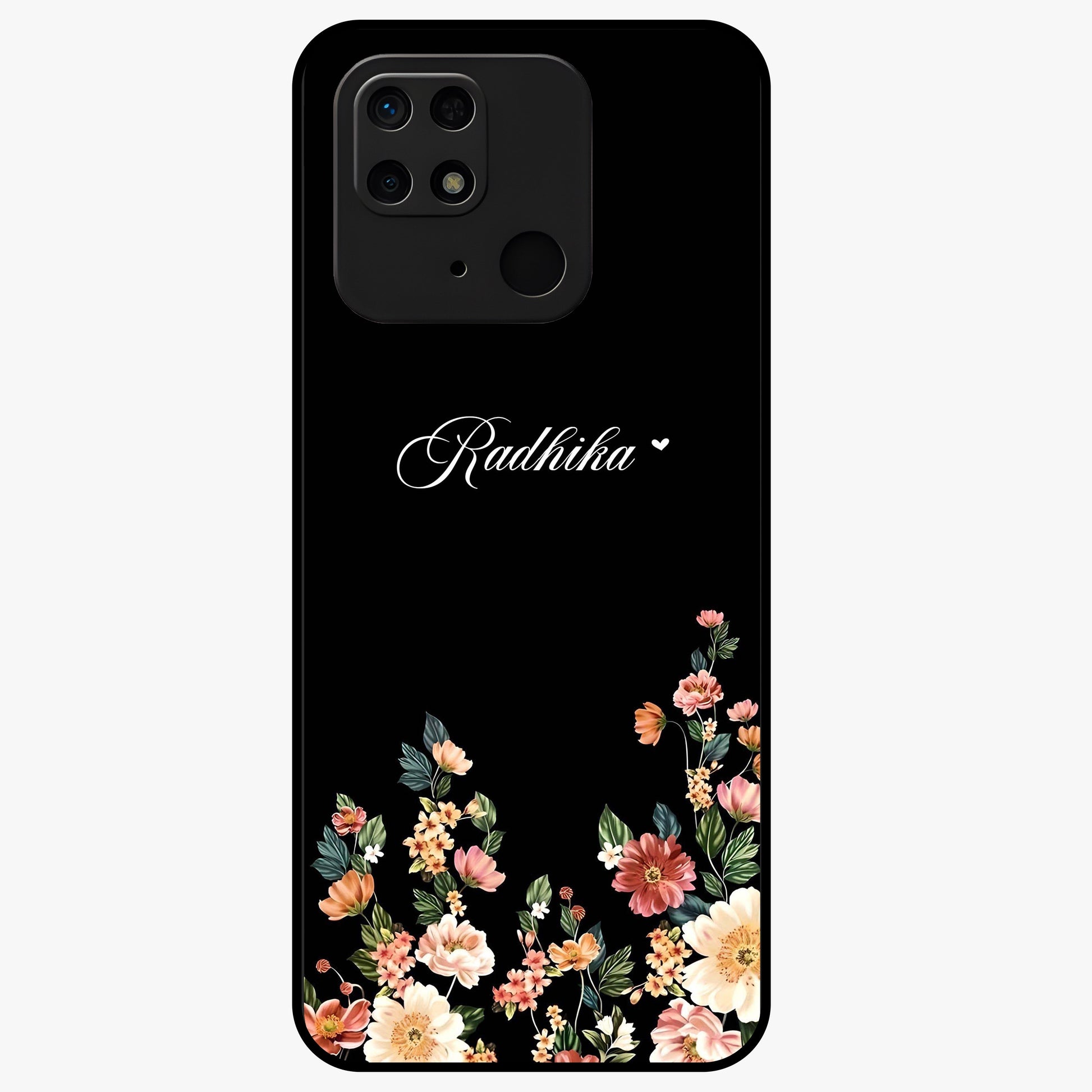 Floral Design With a Custom Personalized Name Glass Case showing flat back view with floral artwork and personalized name design.