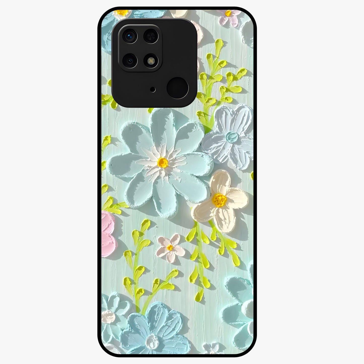 Frosted Petal Garden Glass Case showing flat back view with soft frosted floral artwork and glossy glass finish.
