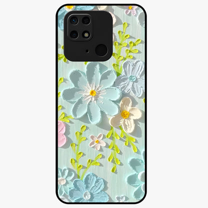 Frosted Petal Garden Glass Case showing flat back view with soft frosted floral artwork and glossy glass finish.