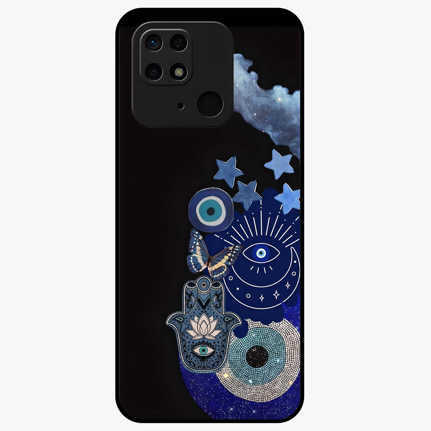 Galactic Charm Cluster Glass Case showing flat back view with glowing celestial charm artwork and glossy glass finish.