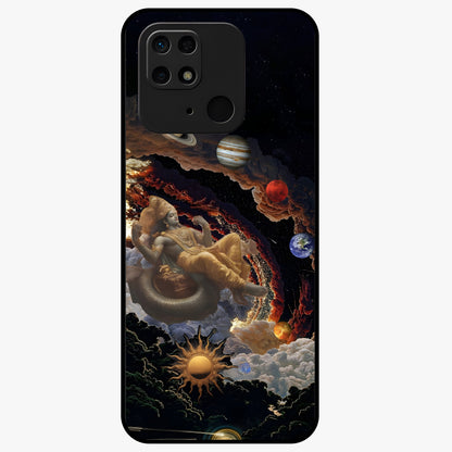 Galactic Divine God Glass Case showing flat back view with divine cosmic themed artwork and glossy glass finish.