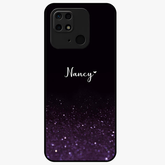 Glittery Purple Bokeh Custom Name Glass Case showing flat back view with purple bokeh sparkle artwork and personalized name design.
