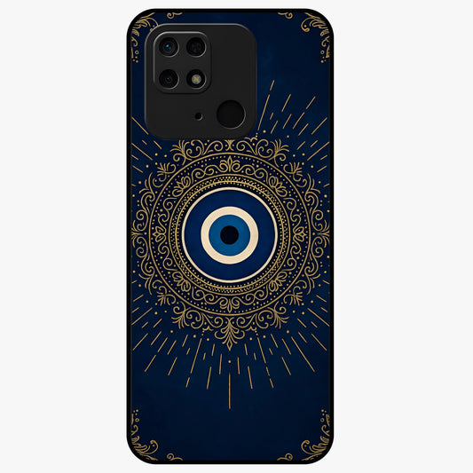 Golden Evil Eye Mandala Glass Case showing flat back view with intricate evil eye mandala artwork and glossy glass finish.
