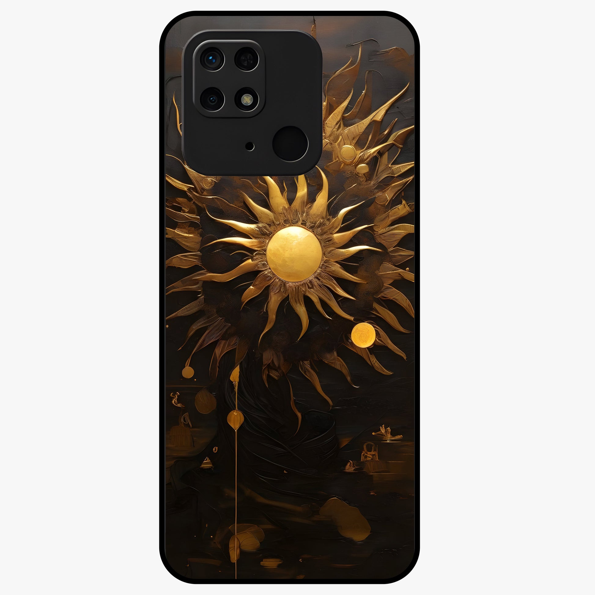 Golden Sun Majesty Glass Case showing flat back view with radiant golden sun artwork and glossy glass finish.