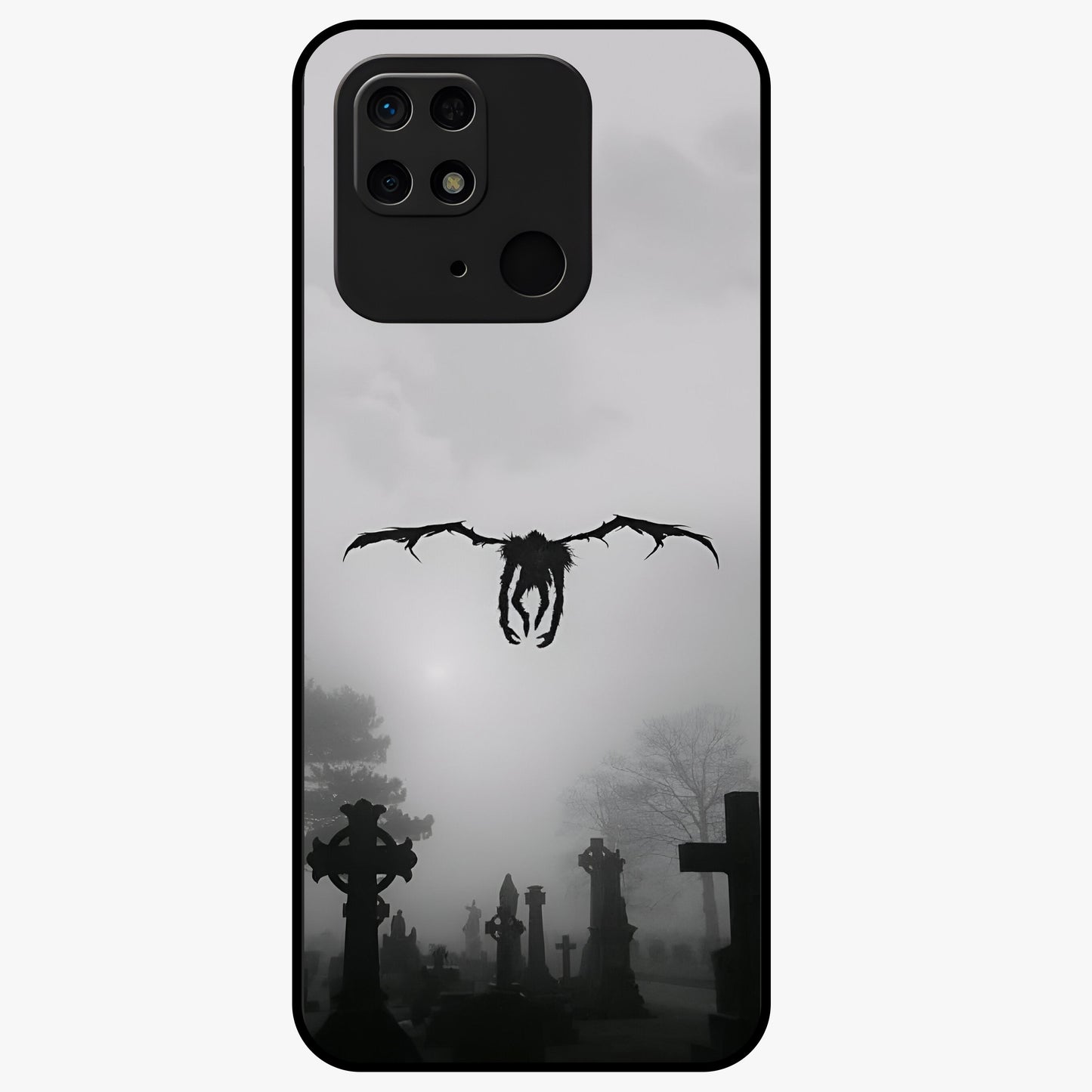 Graveyard Shadow Descent Glass Case showing flat back view with dark graveyard themed artwork and glossy glass finish.