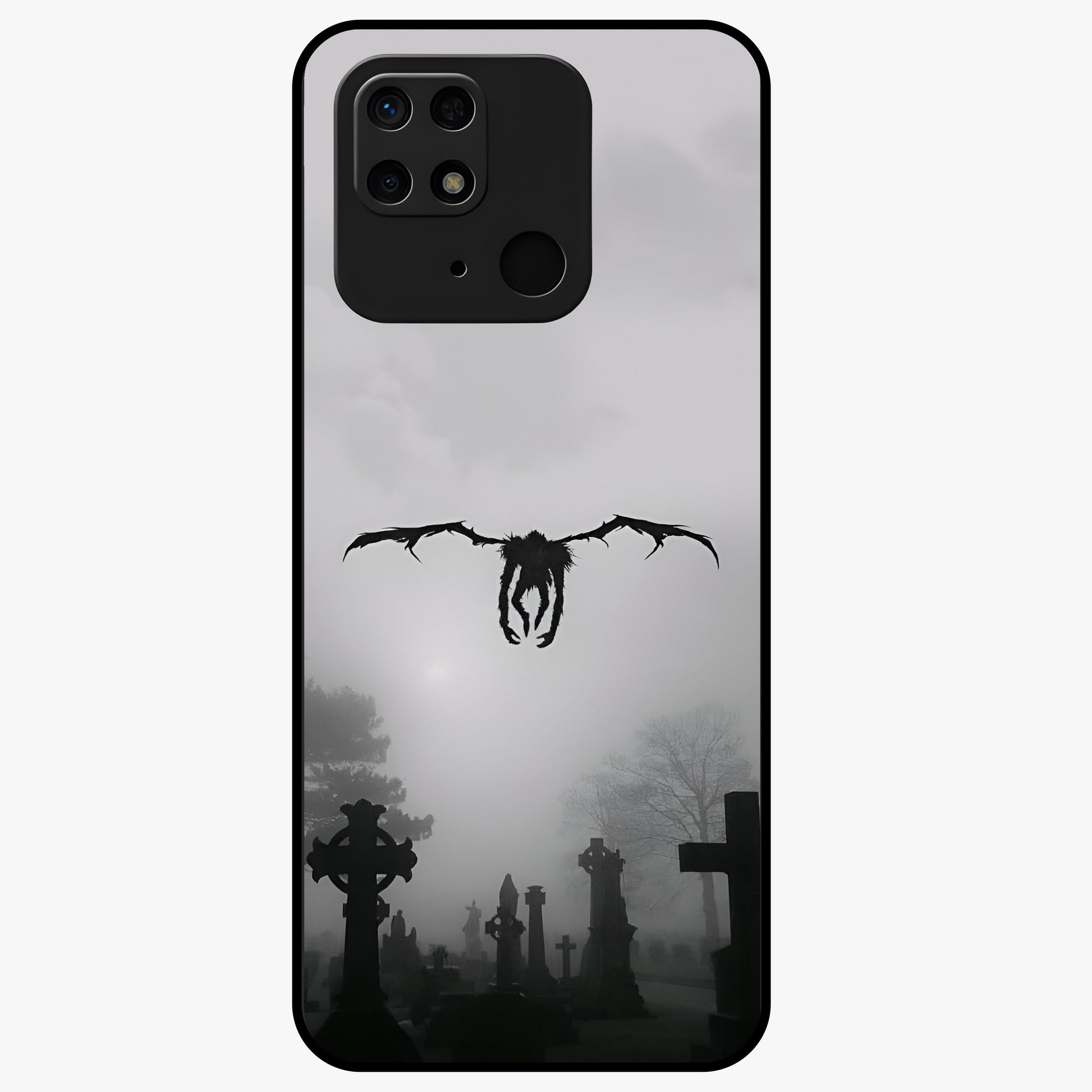 Graveyard Shadow Descent Glass Case showing flat back view with dark graveyard themed artwork and glossy glass finish.