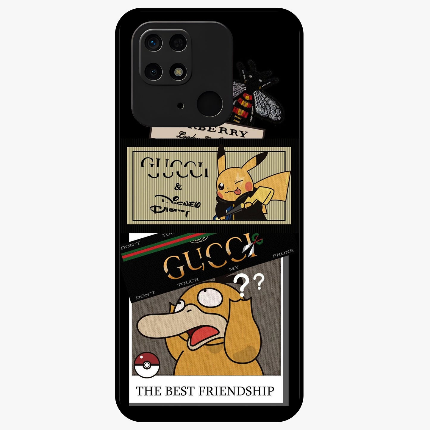 Gucci Play Mashup Glass Case showing flat back view with luxury inspired graphic artwork and glossy glass finish.