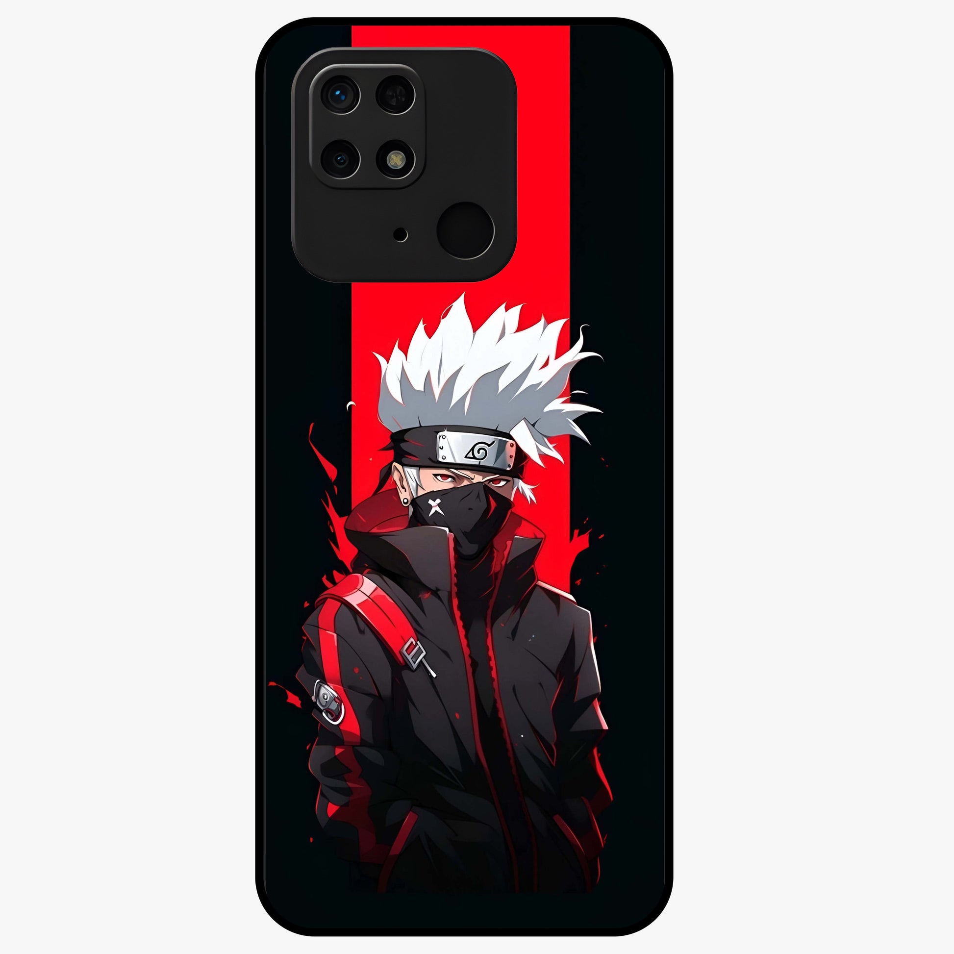Kakashi Scarlet Shadow Glass Case showing flat back view with powerful anime ninja artwork and glossy glass finish.