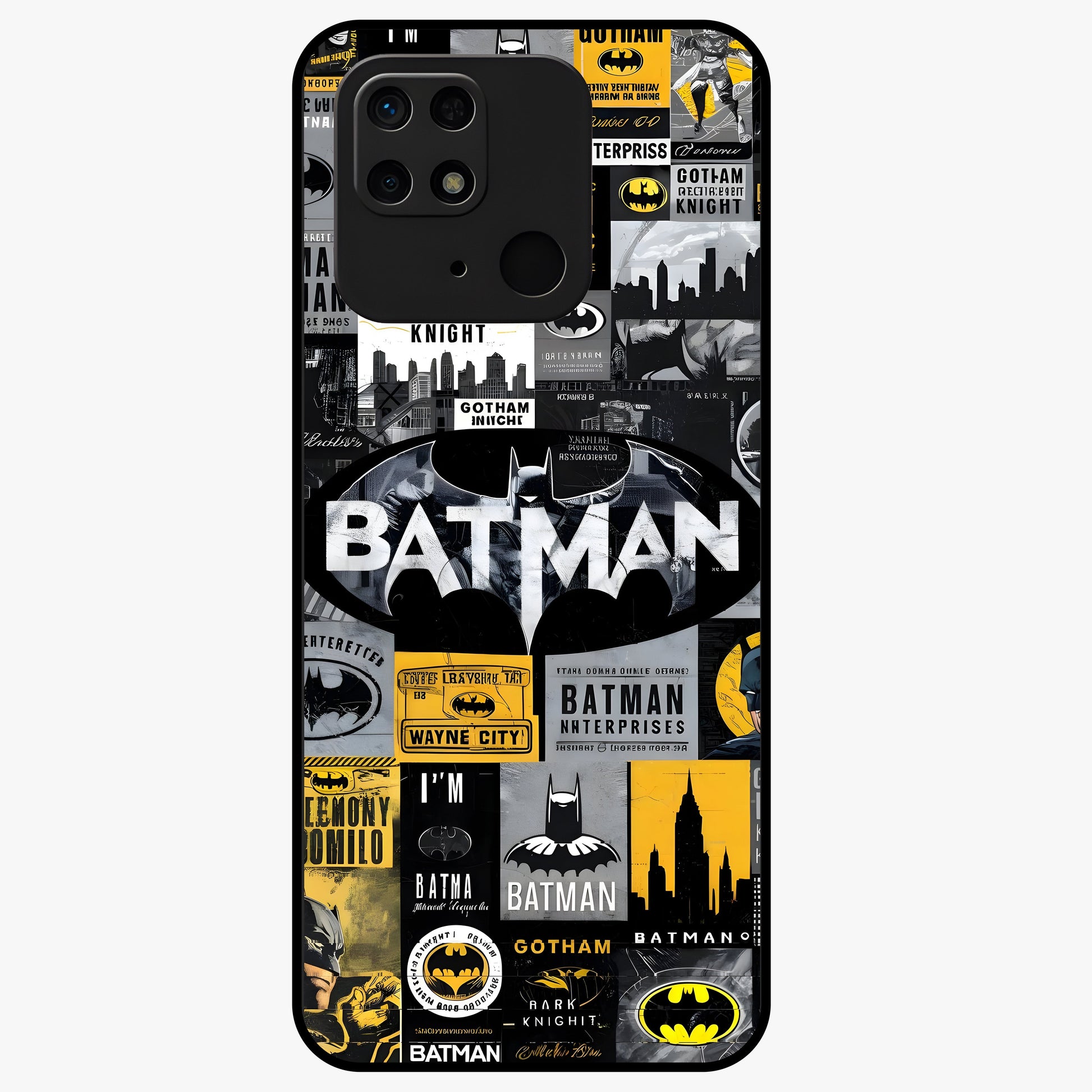 Knight Gotham Rise Glass Case showing flat back view with dark hero inspired artwork and glossy glass finish.