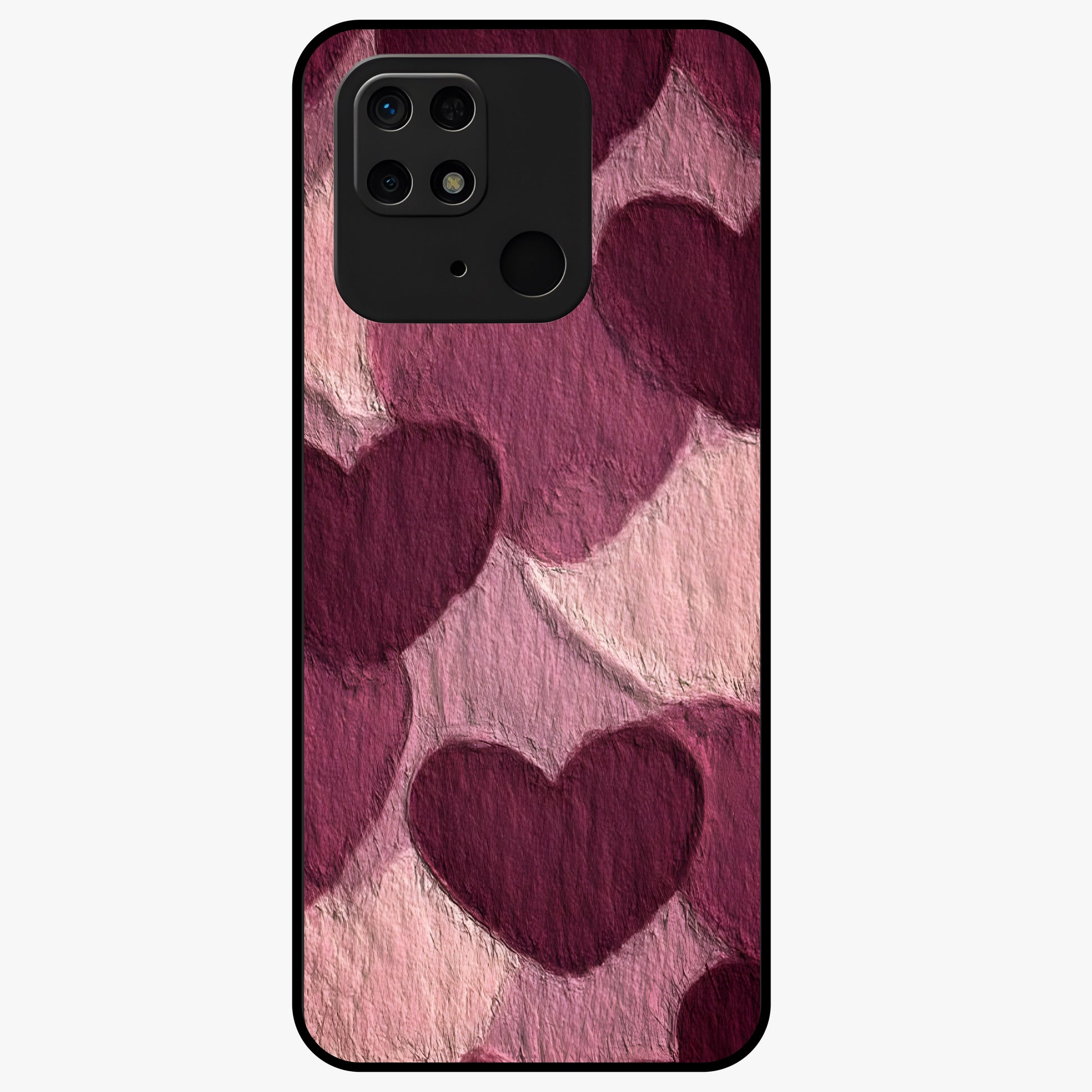 Layered Paper Hearts Glass Case showing flat back view with layered paper heart artwork and glossy glass finish.