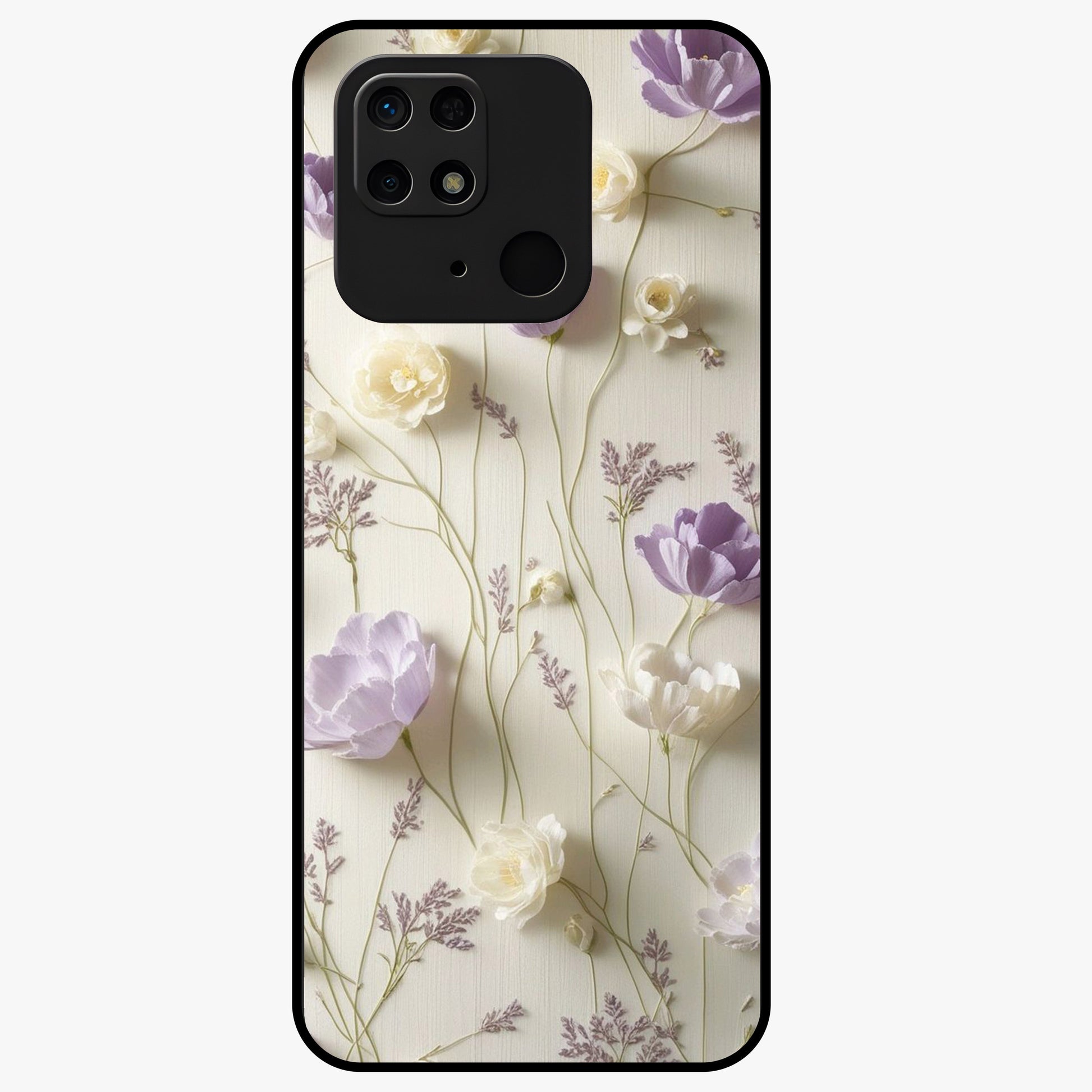 Lilac Breeze Harmony Glass Case showing flat back view with soft lilac themed artwork and glossy glass finish.