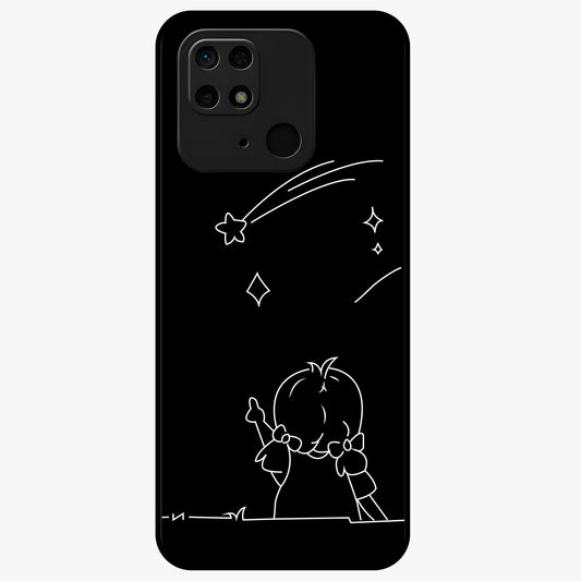 Line Art Girl With Shooting Stars Glass Case showing flat back view with minimal line art girl and shooting stars illustration and glossy glass finish.