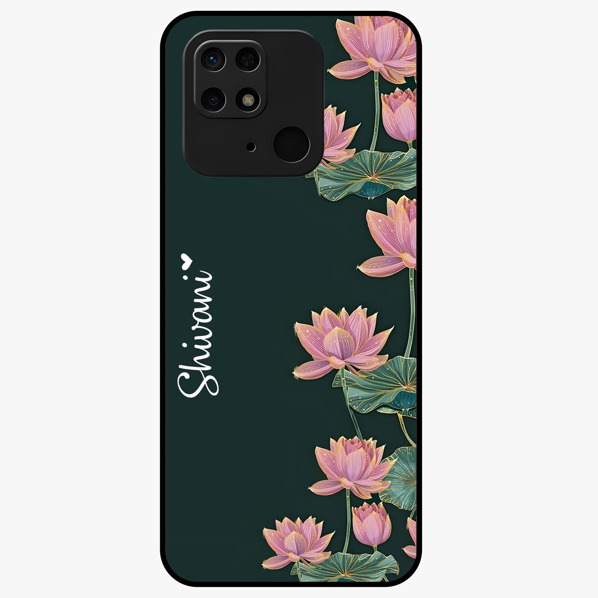 Lotus Bloom Serenity Custom Name Glass Case showing flat back view with elegant lotus flower artwork and personalized name design.