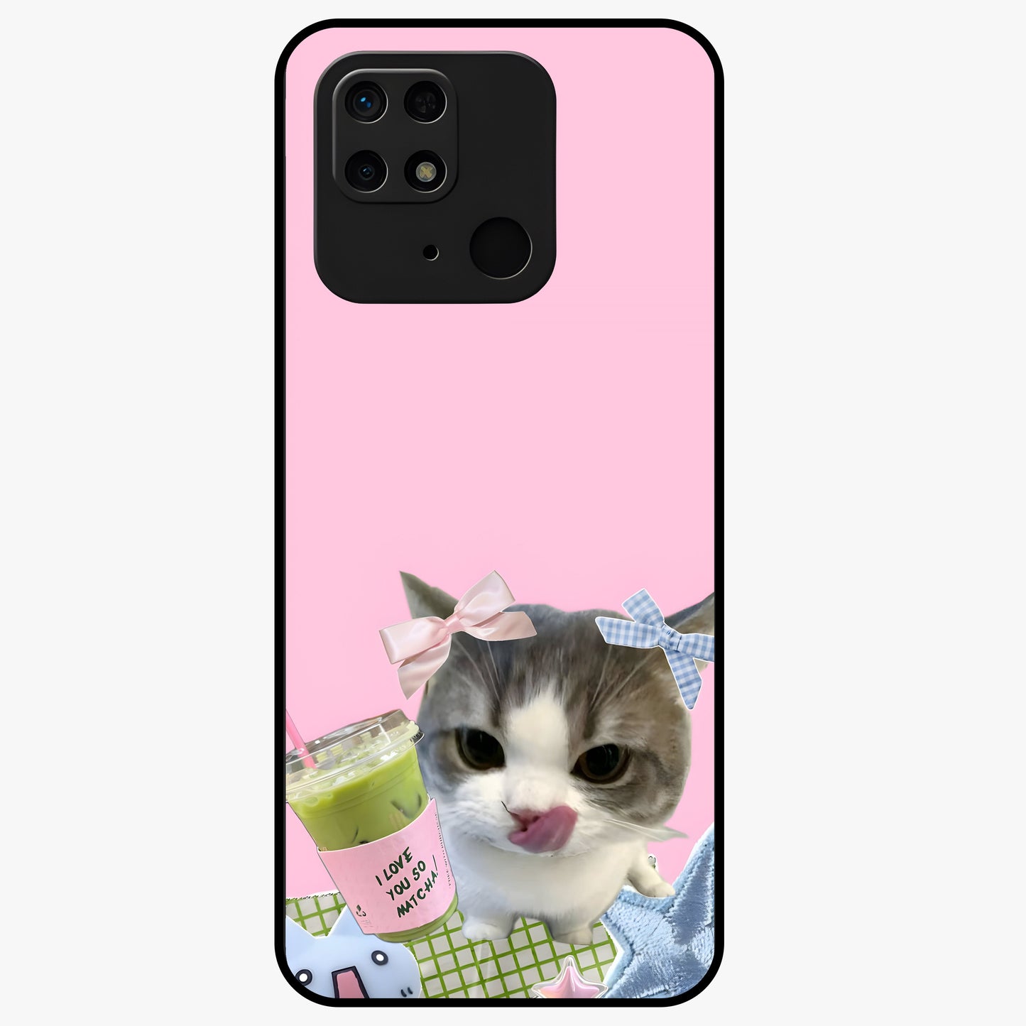 Love Matcha Cat Glass Case showing flat back view with cute cat and matcha themed artwork and glossy glass finish.