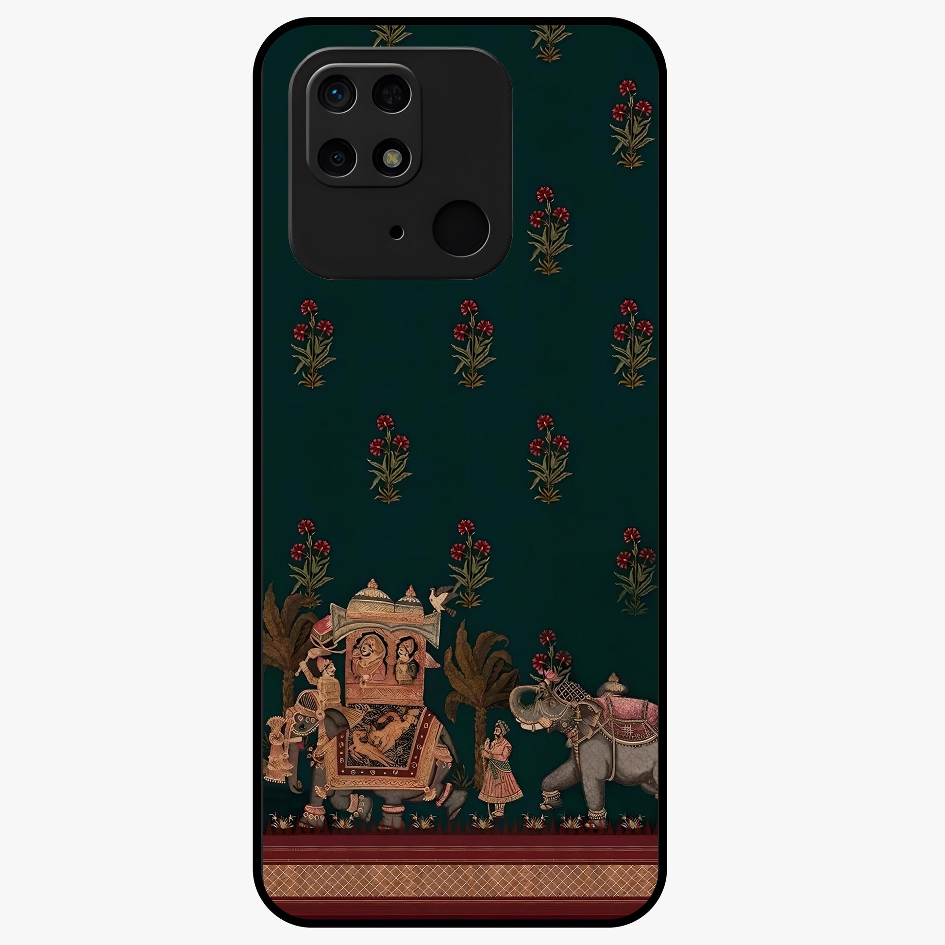 Macmerise Glass Case showing flat back view with stylish modern artwork and glossy glass finish.