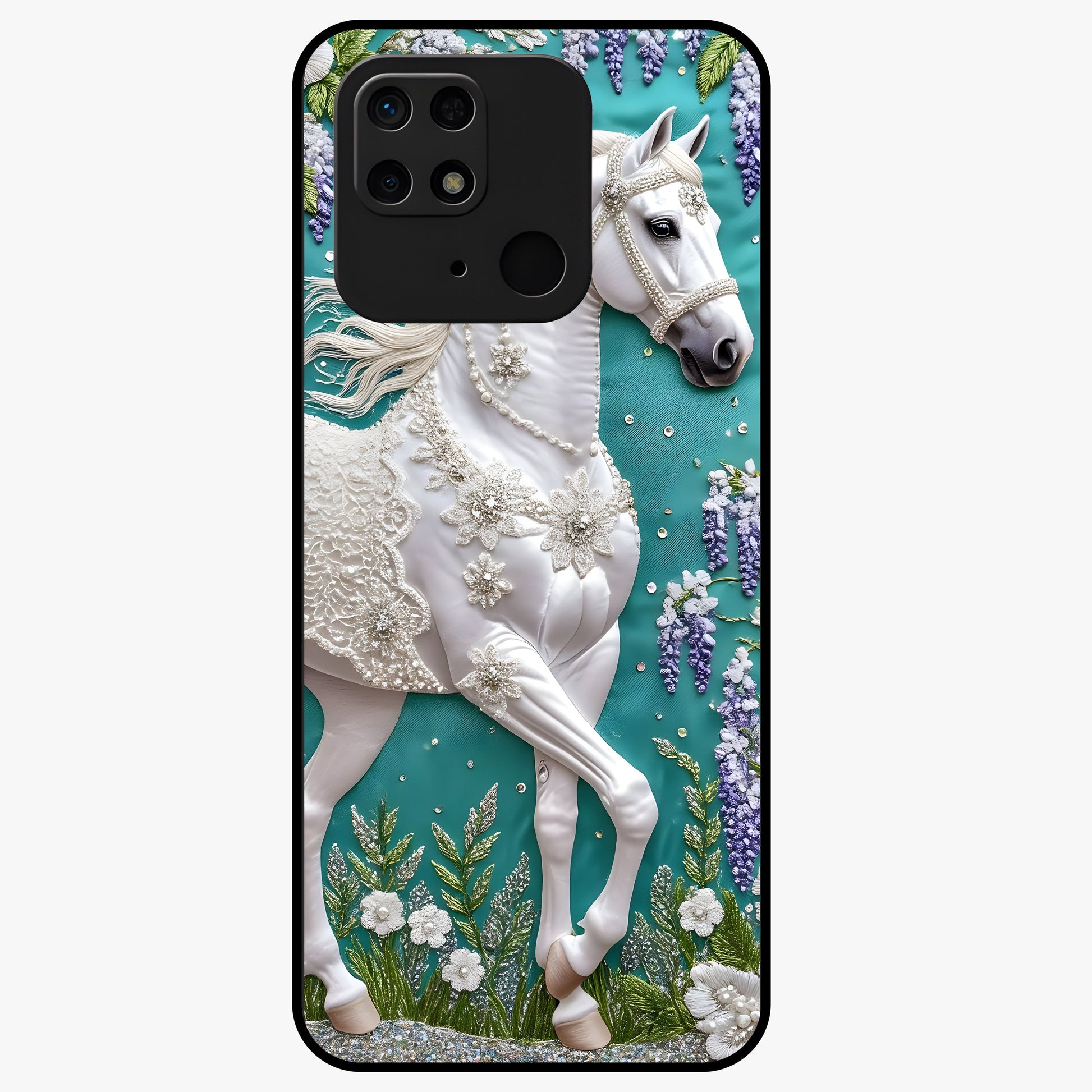 Majestic Floral Stallion Glass Case showing flat back view with powerful horse and floral artwork and glossy glass finish.