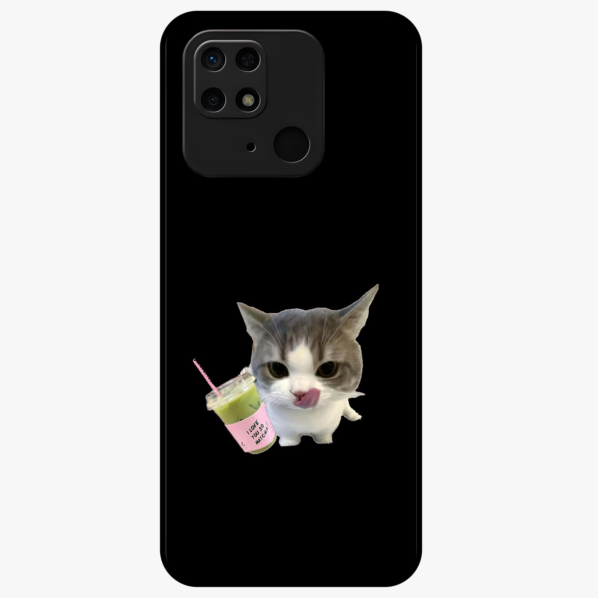 Matcha Cat Style Glass Case showing flat back view with cute matcha themed cat artwork and glossy glass finish.