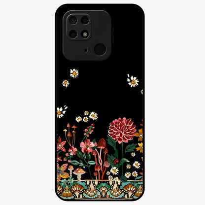 Midnight Bloom Pattern Glass Case showing flat back view with dark floral pattern artwork and glossy glass finish.