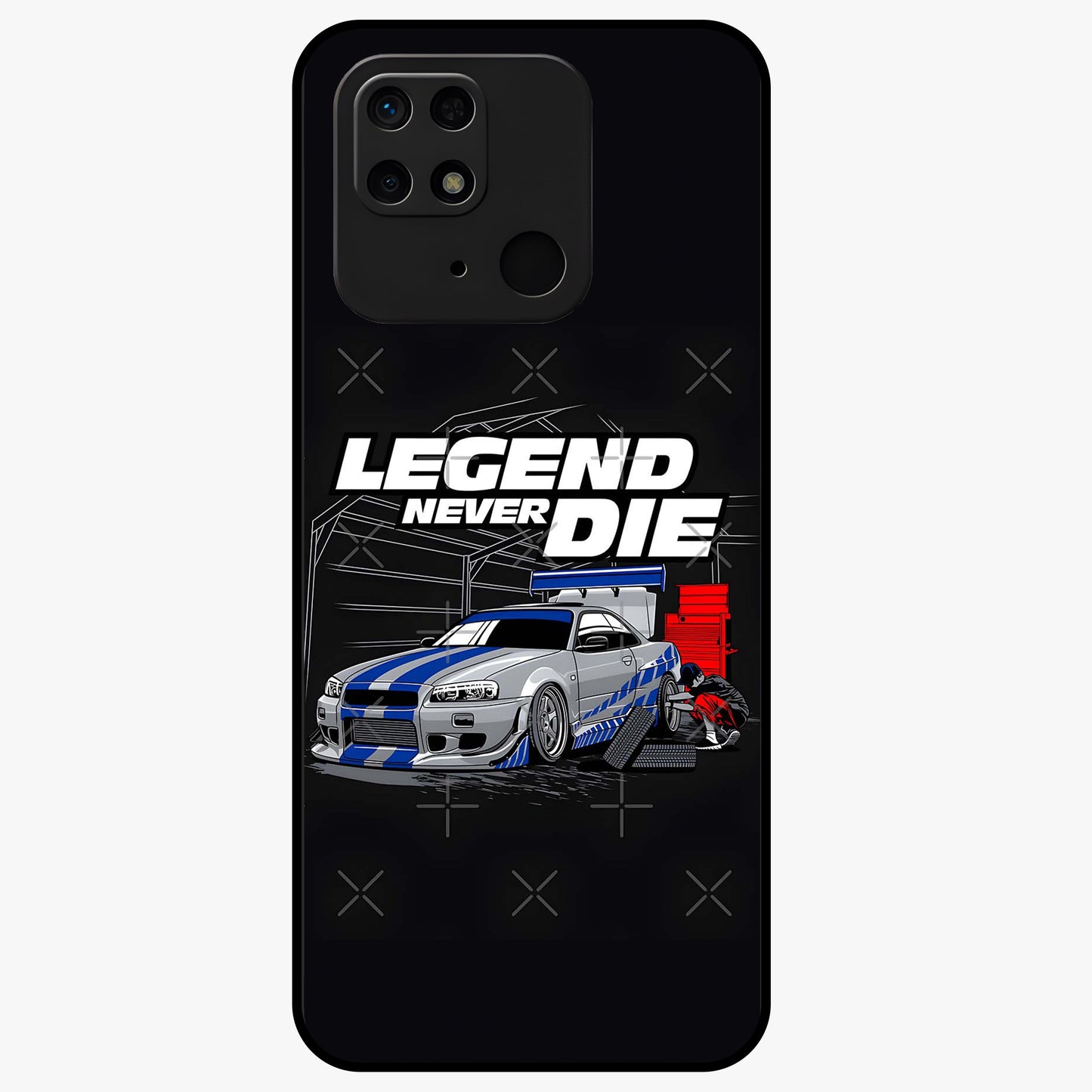 Midnight Racing Legacy Glass Case showing flat back view with sleek racing inspired artwork and glossy glass finish.