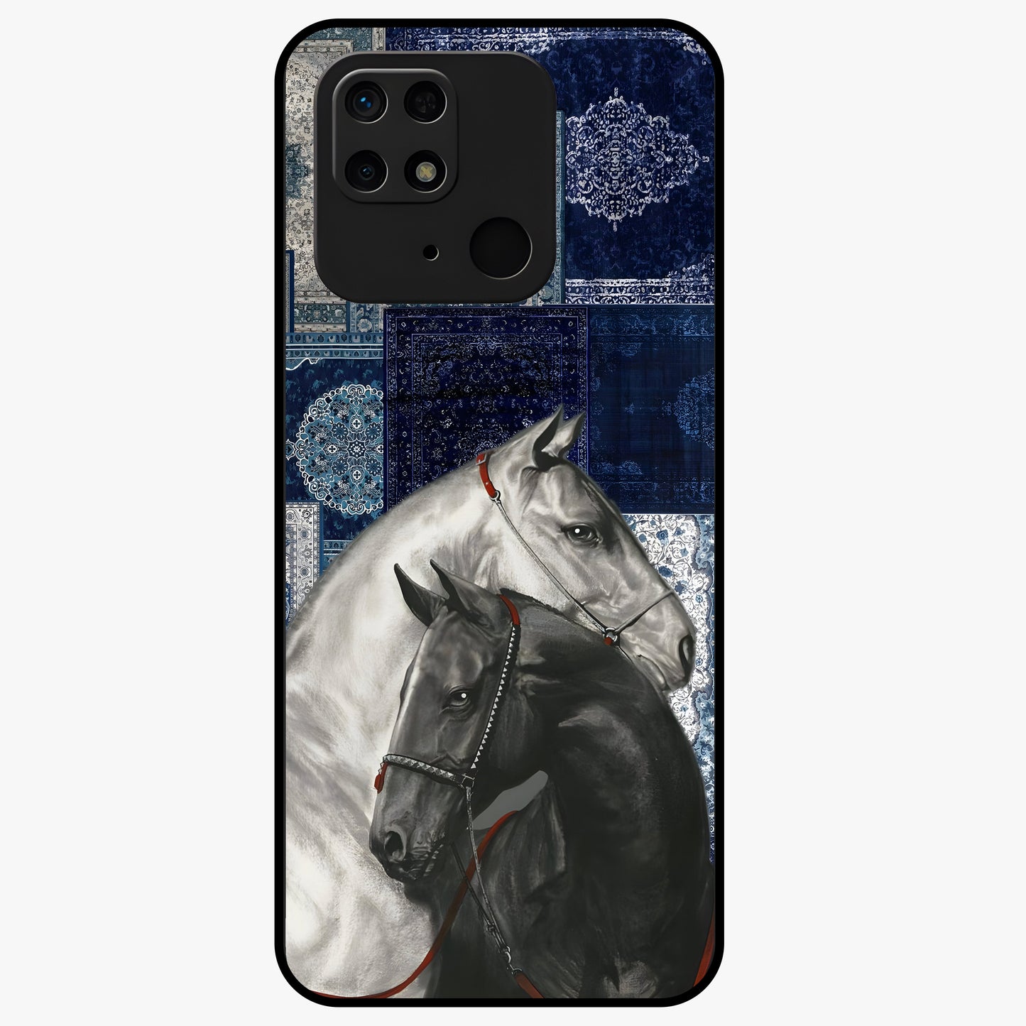 Midnight Stallion Blues Glass Case showing flat back view with majestic horse artwork and glossy glass finish.