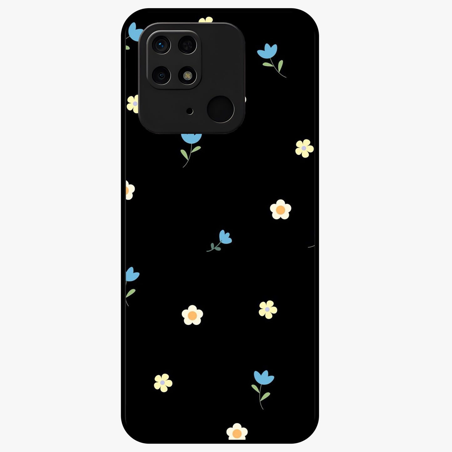 Minimalistic Blue With White Flower Pattern Glass Case showing flat back view with blue background and white flower pattern and glossy glass finish.