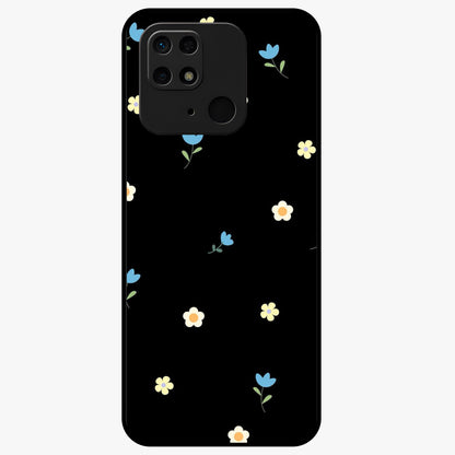Minimalistic Blue With White Flower Pattern Glass Case showing flat back view with blue background and white flower pattern and glossy glass finish.