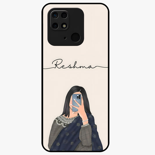 Mirror Mood Muse With Custom Name Glass Case showing flat back view with stylish mirrored artwork and personalized name design.