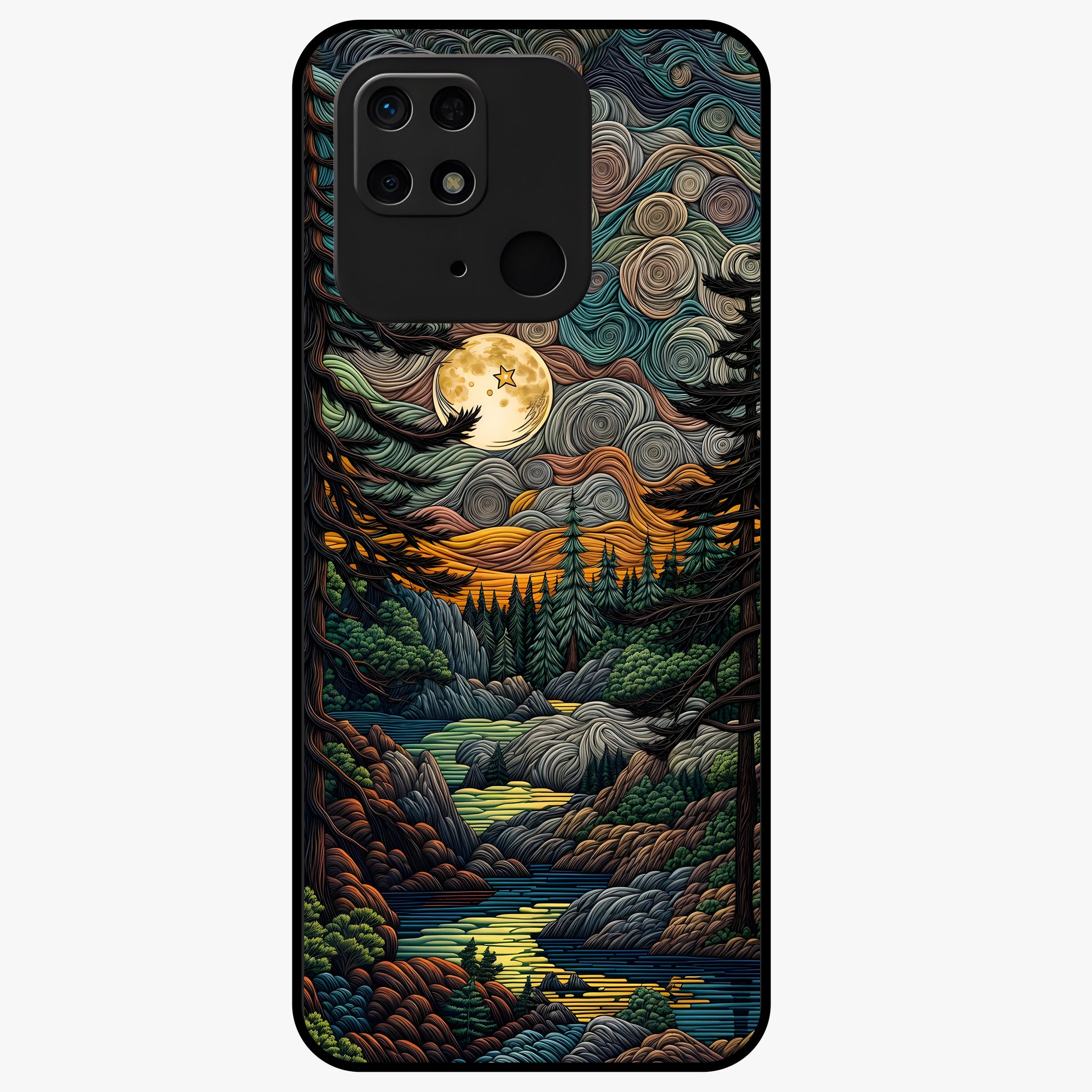 Moonlight Forest Dream Glass Case showing flat back view with mystical forest moonlight artwork and glossy glass finish.