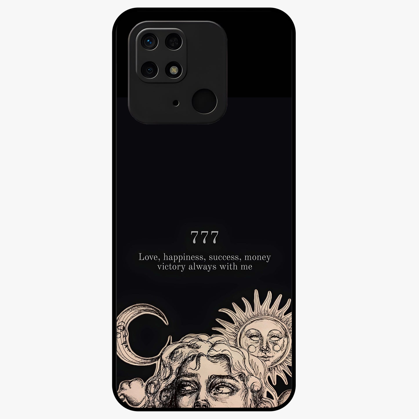 Mystic Victory Aura Glass Case showing flat back view with victory symbol artwork and glossy glass finish.