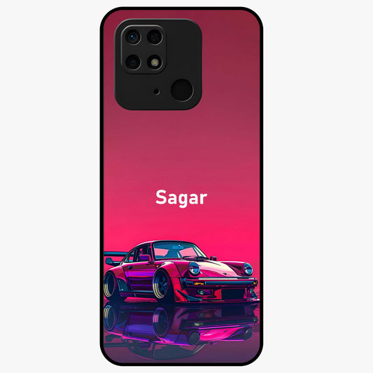 Neon Pink Porsche Glass Case showing flat back view with stylish sports car artwork and glossy glass finish.