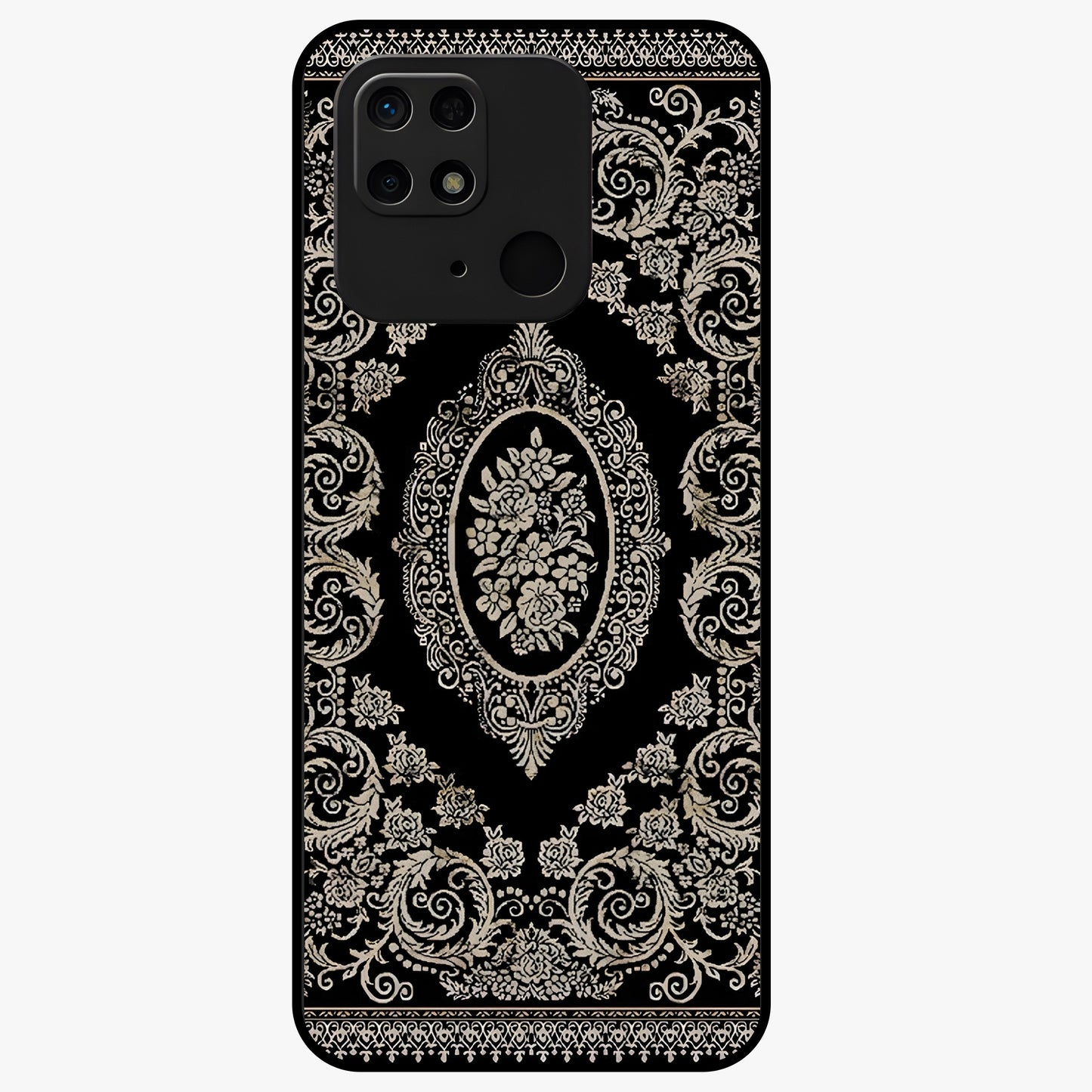 Noir Bloom Elegance Glass Case showing flat back view with elegant dark floral artwork and glossy glass finish.