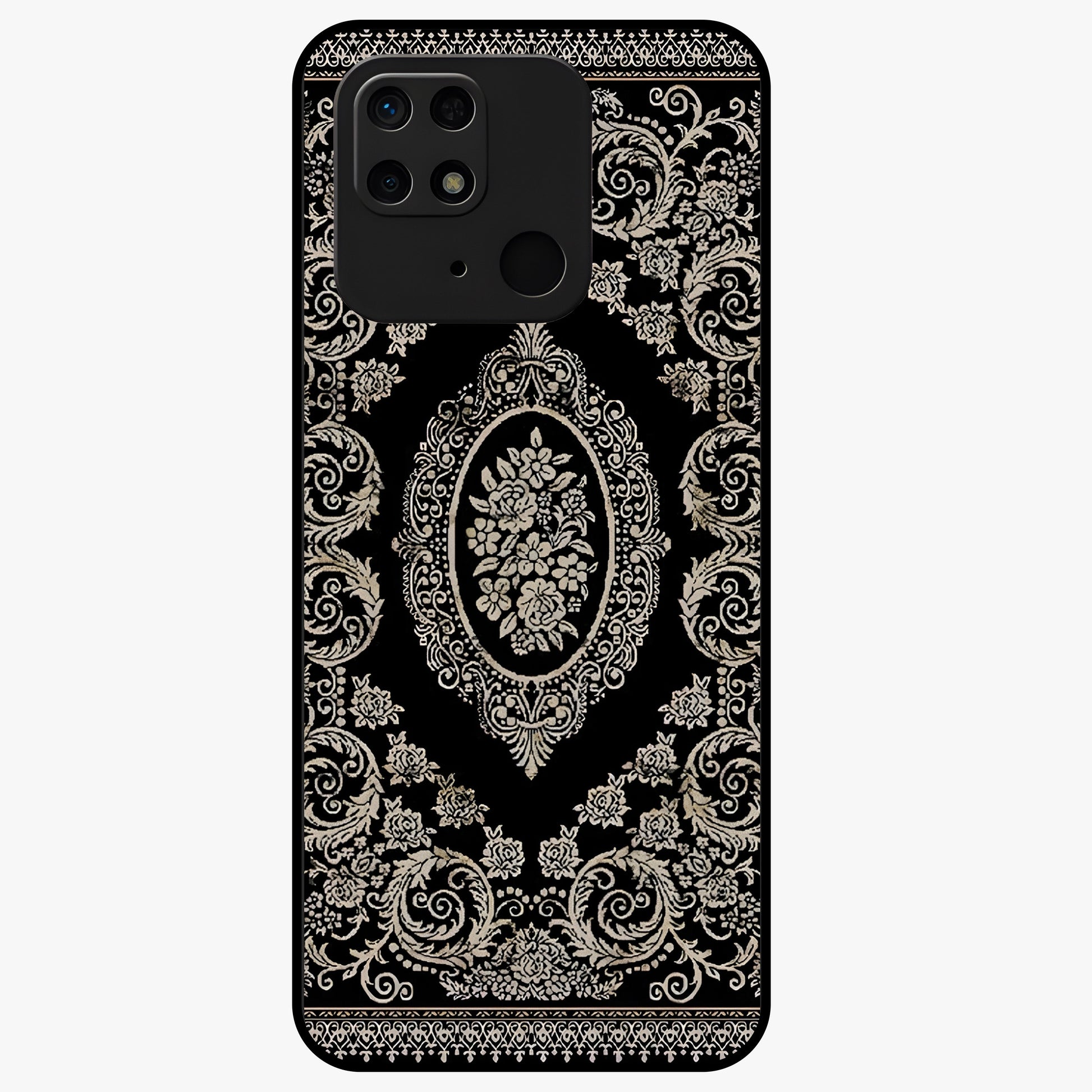 Noir Bloom Elegance Glass Case showing flat back view with elegant dark floral artwork and glossy glass finish.