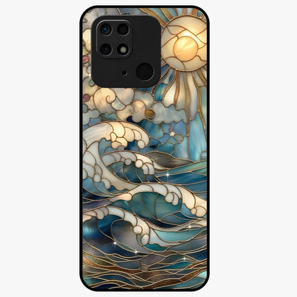 Oceanic Stained Printed Glass Case showing flat back view with ocean inspired stained pattern artwork and glossy glass finish.