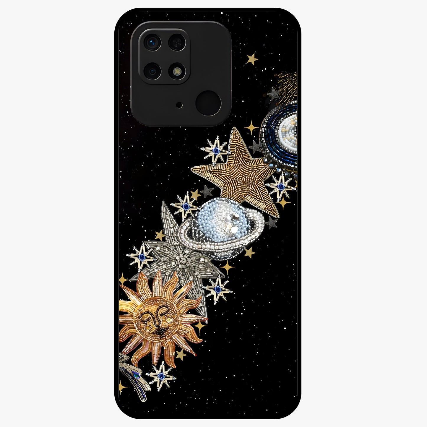 Pearls Universe Object Glass Case showing flat back view with pearl inspired cosmic artwork and glossy glass finish.