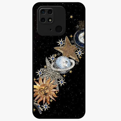 Pearls Universe Object Glass Case showing flat back view with pearl inspired cosmic artwork and glossy glass finish.
