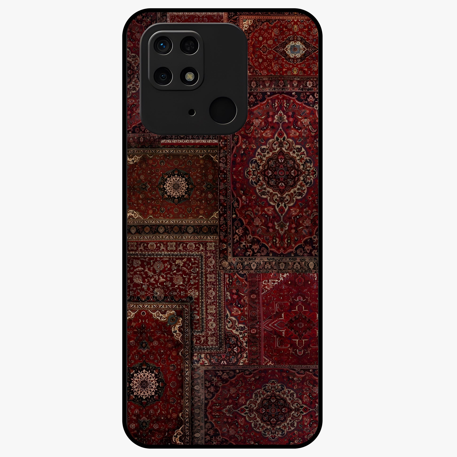 Persian Velvet Tale Glass Case showing flat back view with luxurious Persian velvet pattern artwork and glossy glass finish.