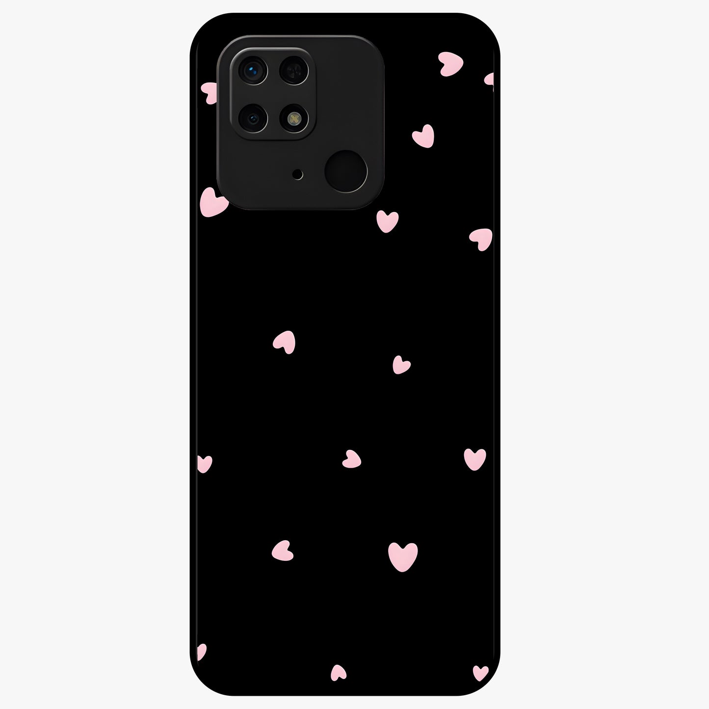 Pink Love Drops Glass Case showing flat back view with playful pink heart drops artwork and glossy glass finish.