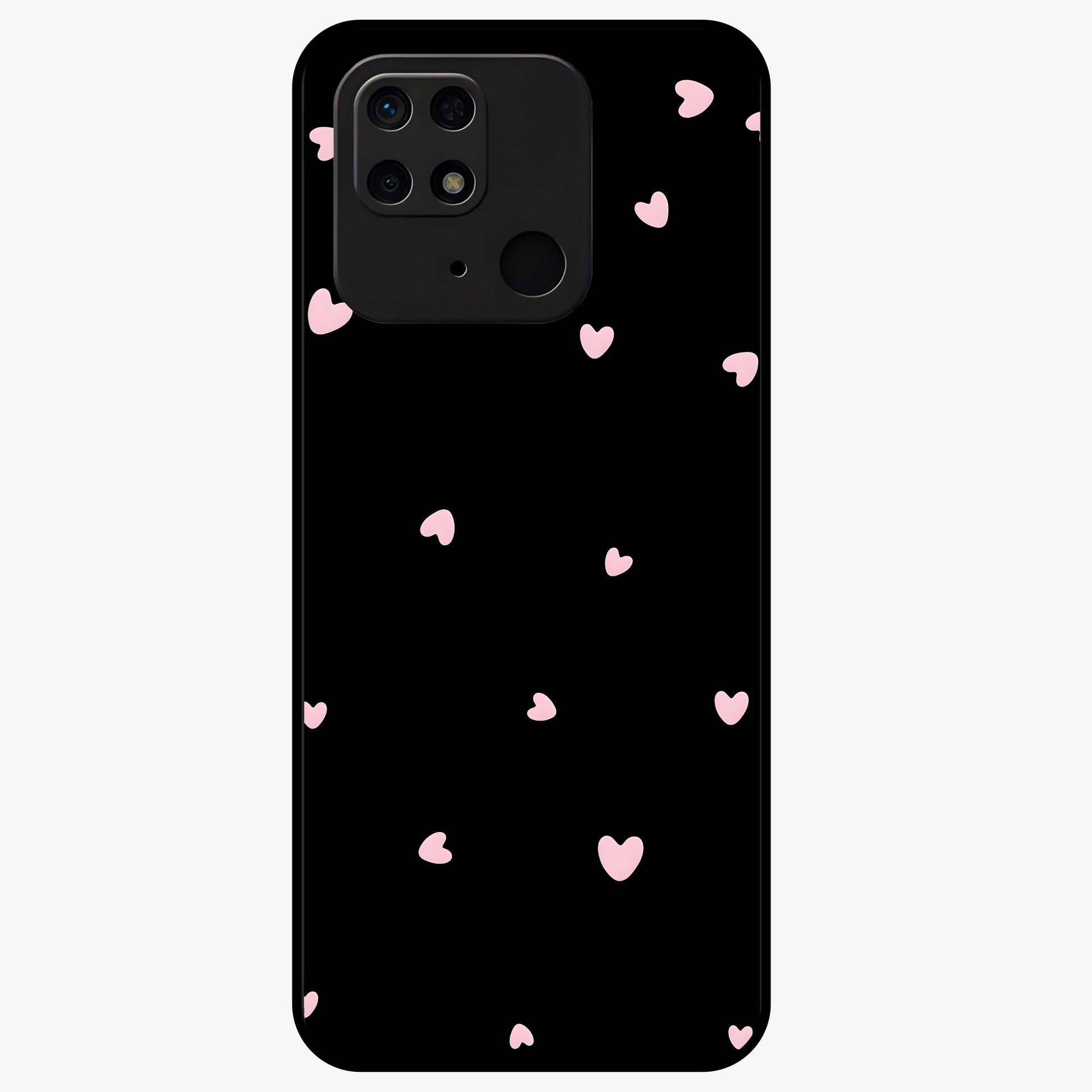 Pink Love Drops Glass Case showing flat back view with playful pink heart drops artwork and glossy glass finish.