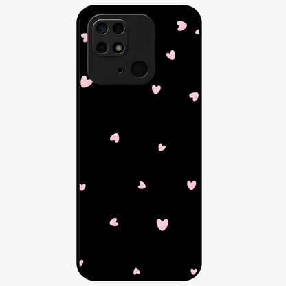 Pink Love Drops Glass Case showing flat back view with playful pink heart drops artwork and glossy glass finish.