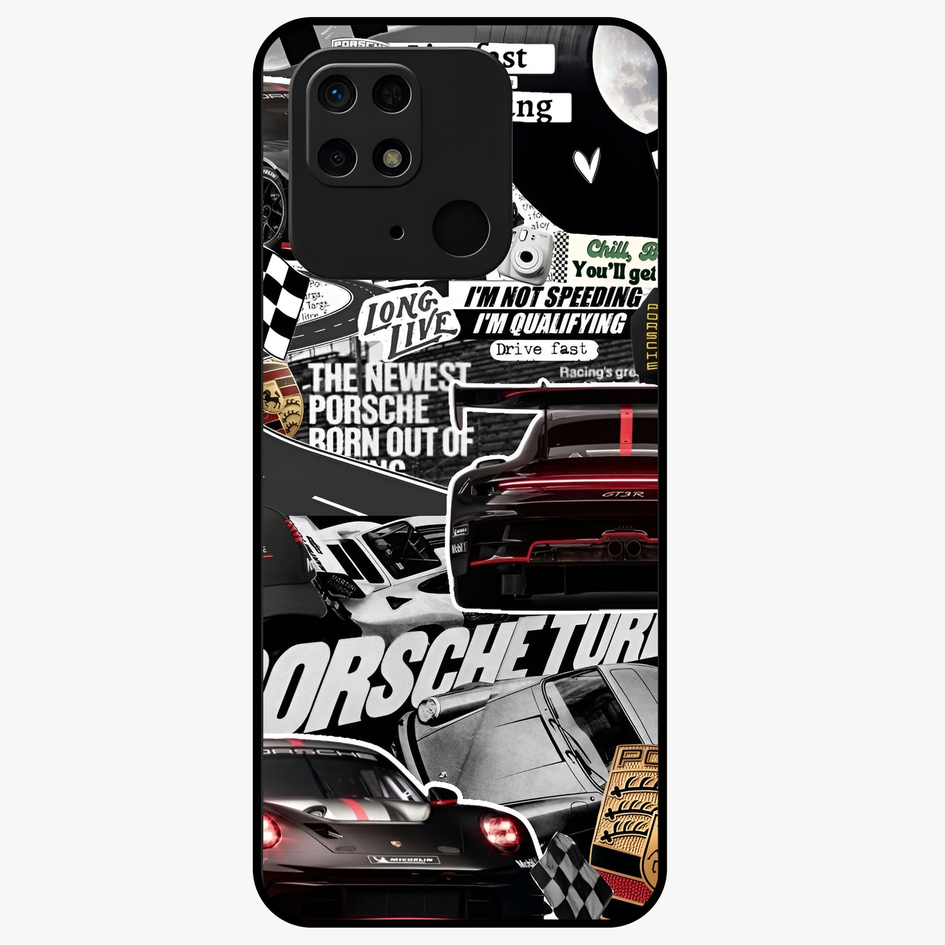 Porsche Racing Collage Glass Case showing flat back view with sports car racing collage artwork and glossy glass finish.