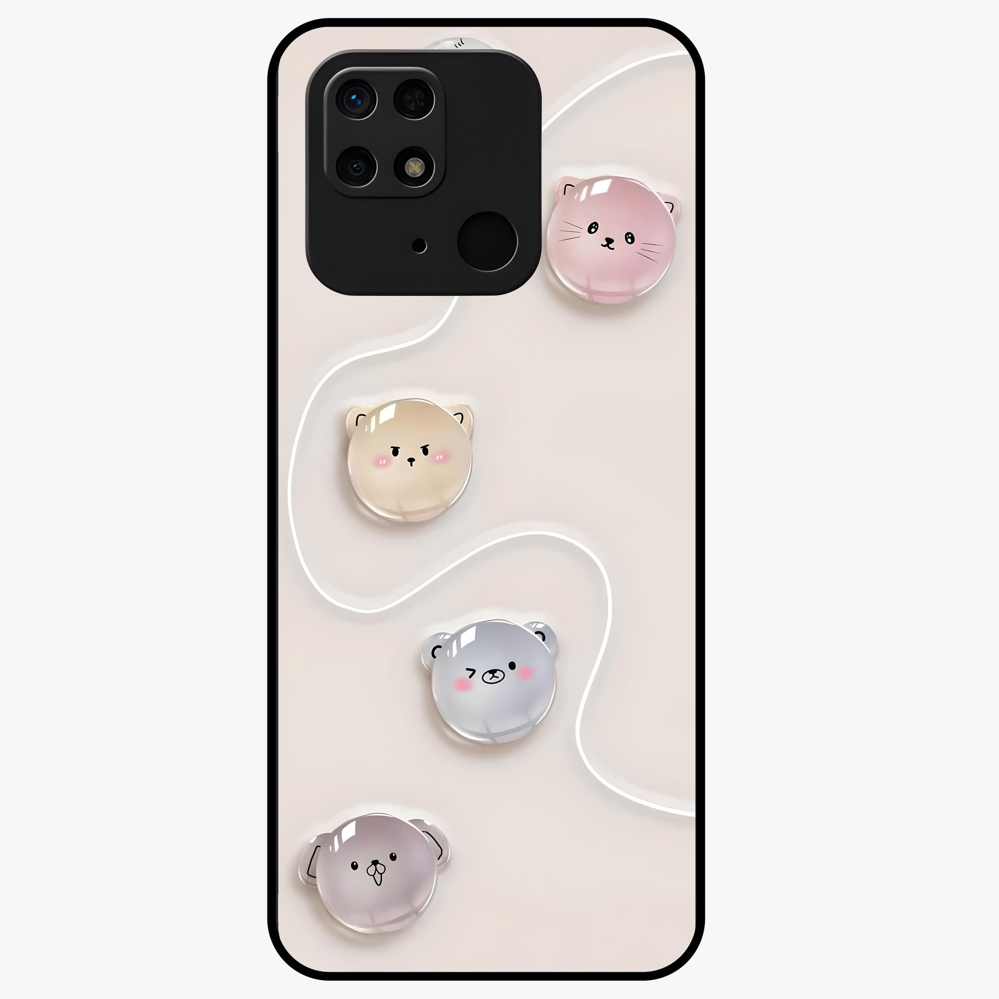 Puffy Face Parade Glass Case showing flat back view with cute puffy character faces artwork and glossy glass finish.