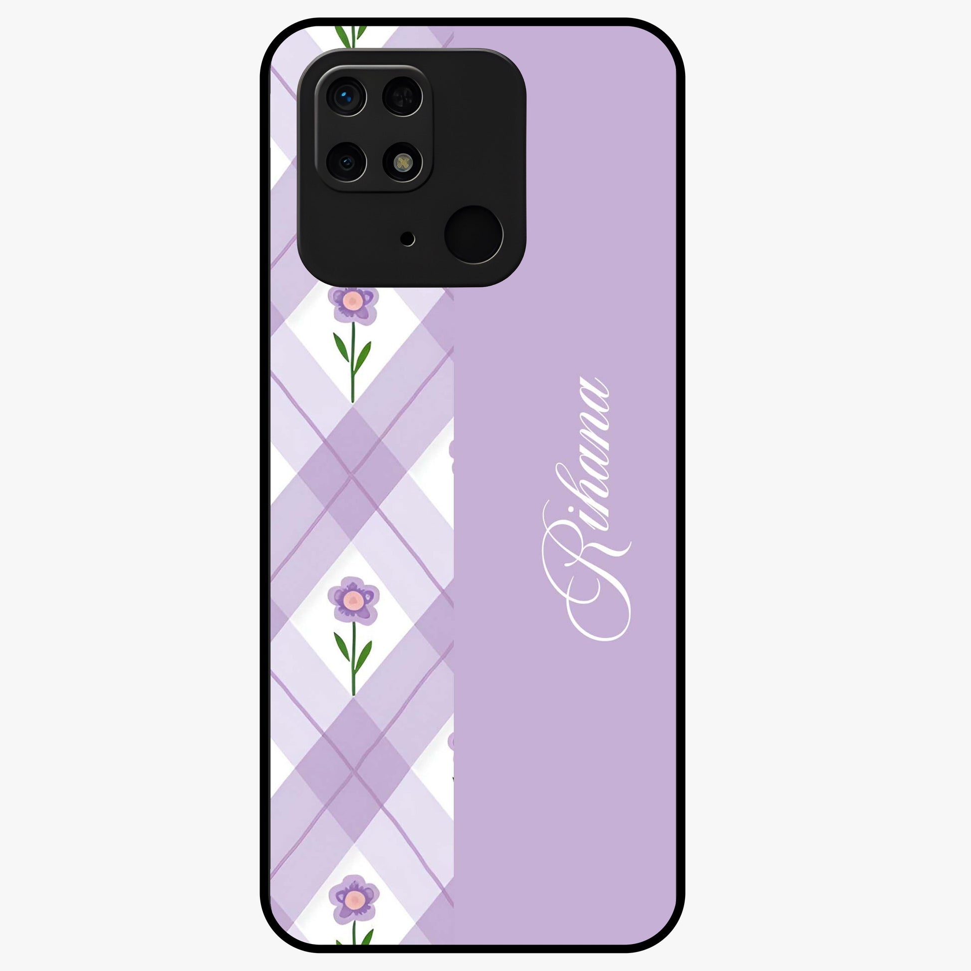 Purple Diamond Floral Glass Case showing flat back view with diamond shaped floral artwork and glossy glass finish.