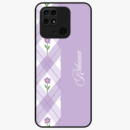 Purple Diamond Floral Glass Case showing flat back view with diamond shaped floral artwork and glossy glass finish.
